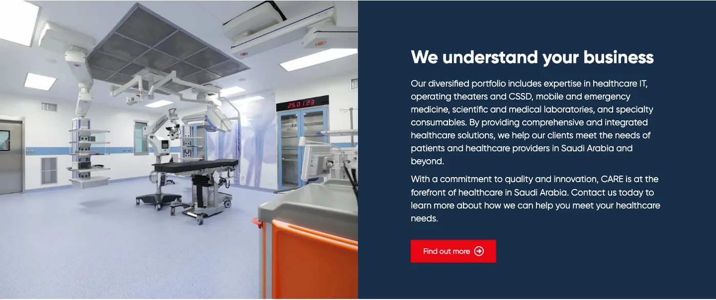 A split panel from careandplanning.com with an operating theatre photograph and a navy text block