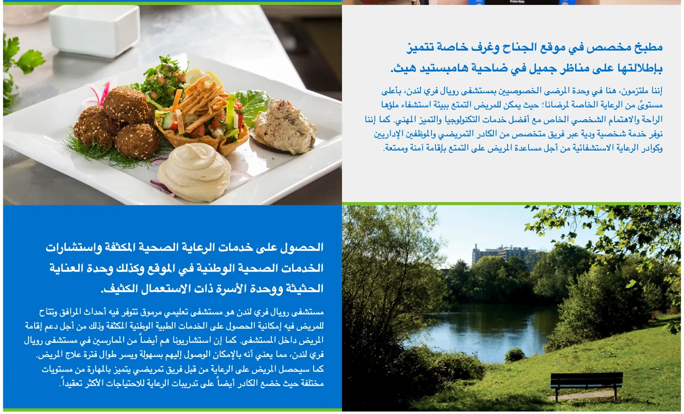 Arabic homepage panels about patient services and the hospital’s Hampstead setting